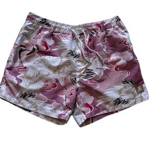 Topman Mens Pink Crane Print Swim Trunks Shorts Mauve Large Japanese Style 5in